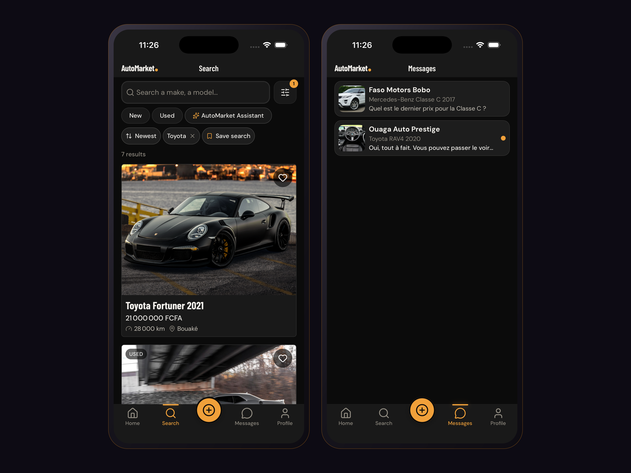 AutoMarket vehicle marketplace — iOS and Android app preview